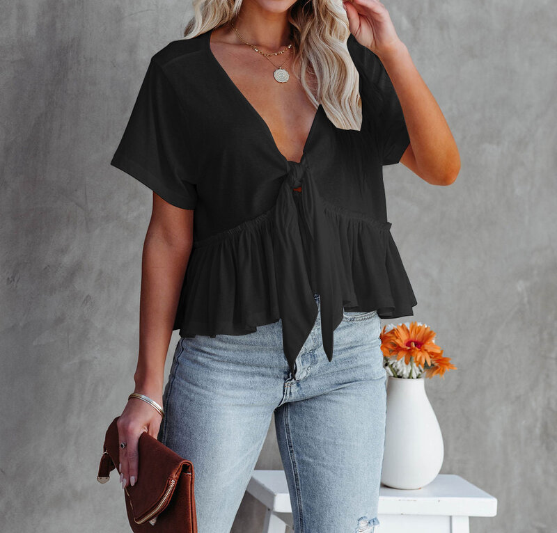Summer New Women's Solid Color Stitching Loose Short-sleeved Lace Ruffle Top Female Shirt Casual