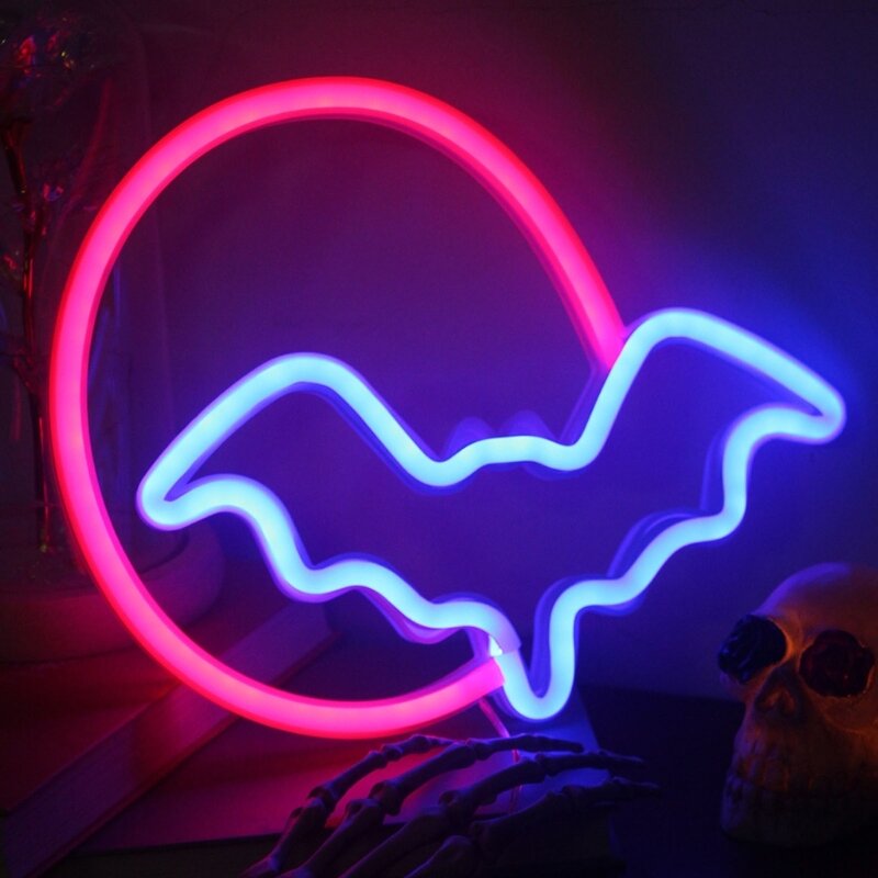 Lámpara LED neón con forma luna y murciélago para Halloween, decoración Halloween, luces nocturnas para Festival, para