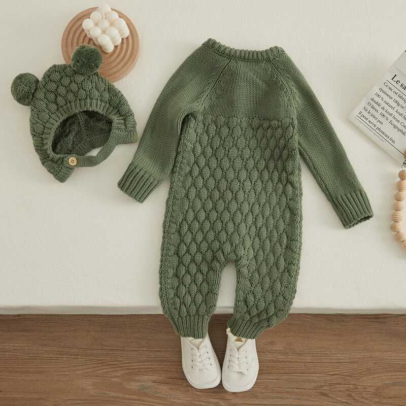 VISgogo Baby 2PCS Winter Jumpsuit Outfits Infant Boys Girls Clothes Long Sleeve Solid Color Knitted Romper + Bear Hat Set
