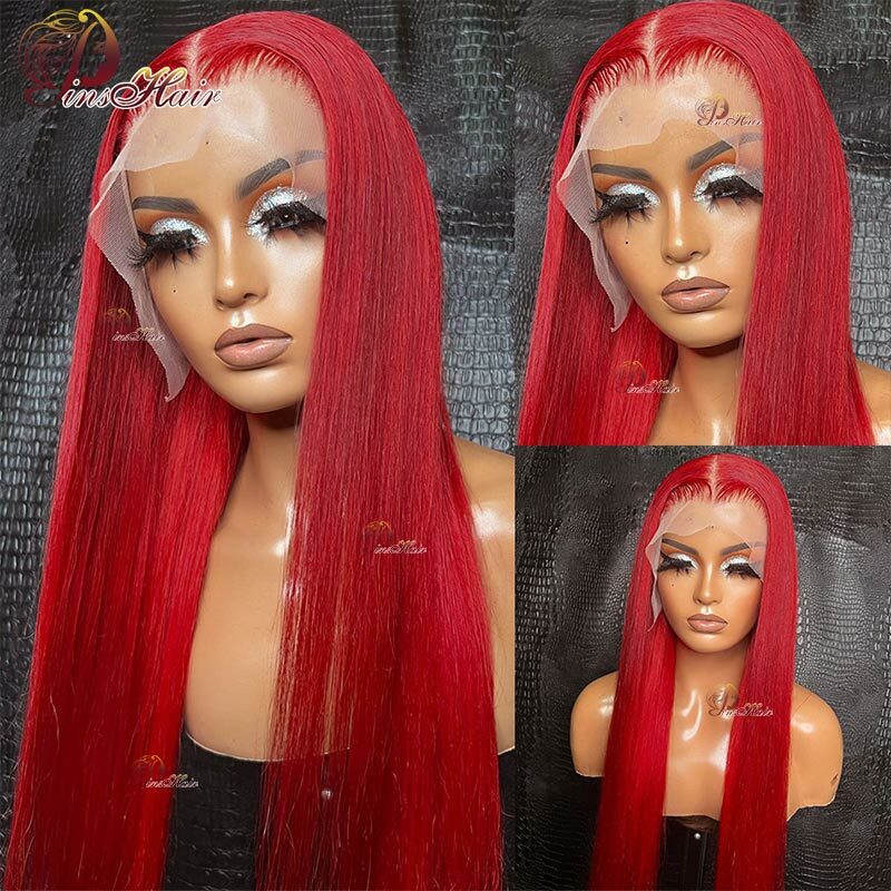 Peluca de cabello humano liso para mujer, postizo de encaje Frontal 13x6, color rojo, Borgoña 99J