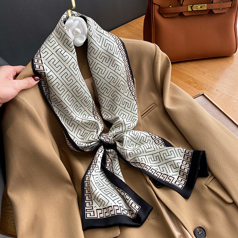 Popularny nowy szalik na głowę krawat drukuj Skinny 17*150cm opaska na włosy torba na nadgarstek Foulard wiosna luksusowa satyna jedwabna wstążka chustka 2022