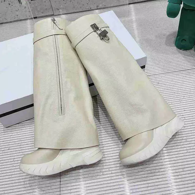 Luxury Fashion Women's Long Boots The Knee Boots New 2023 Platform Wedge Heel Boots Round Toe Shoes Shark Lock Vintage Popular