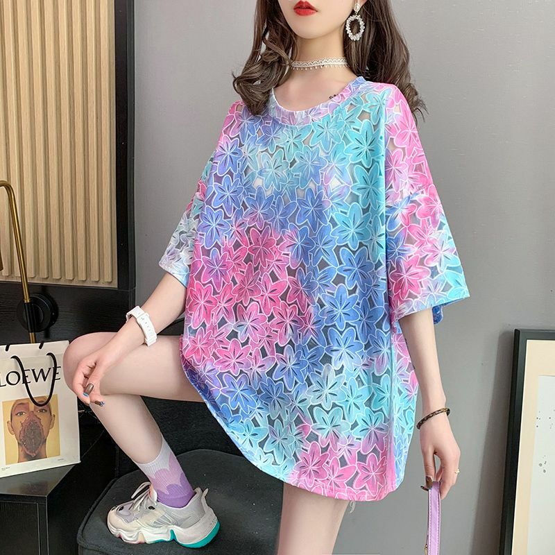 Summer New Round Neck Fashion Short Sleeve T-Shirts Women High Street Casual Loose Pullovers Hollow Out Tie Dye All-match Tops