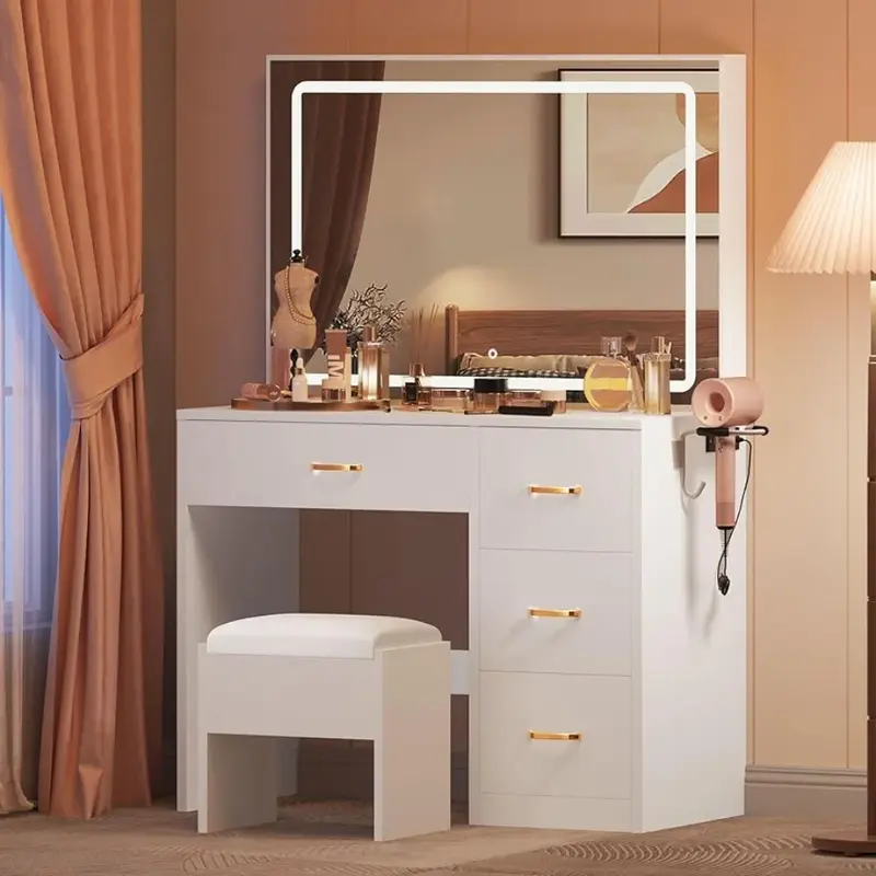 Dressing Table, Large Lighting Mirror with Power Socket and LED Strip, 3 Color Lighting Modes with Adjustable Brightness