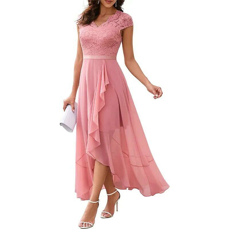 2024 Sexy Wowen Evening Dress High-Low Asymmetric Short Sleeve Pink Black Bridesmaid Prom Dresses Elegant Lace Long Party Gowns