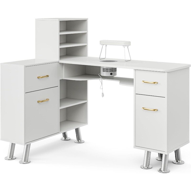 L-Shaped Manicure Table Nail Station with Shelves, Nail Tech Table Nail Table Station w/Dust Collector, Storage Cabinets