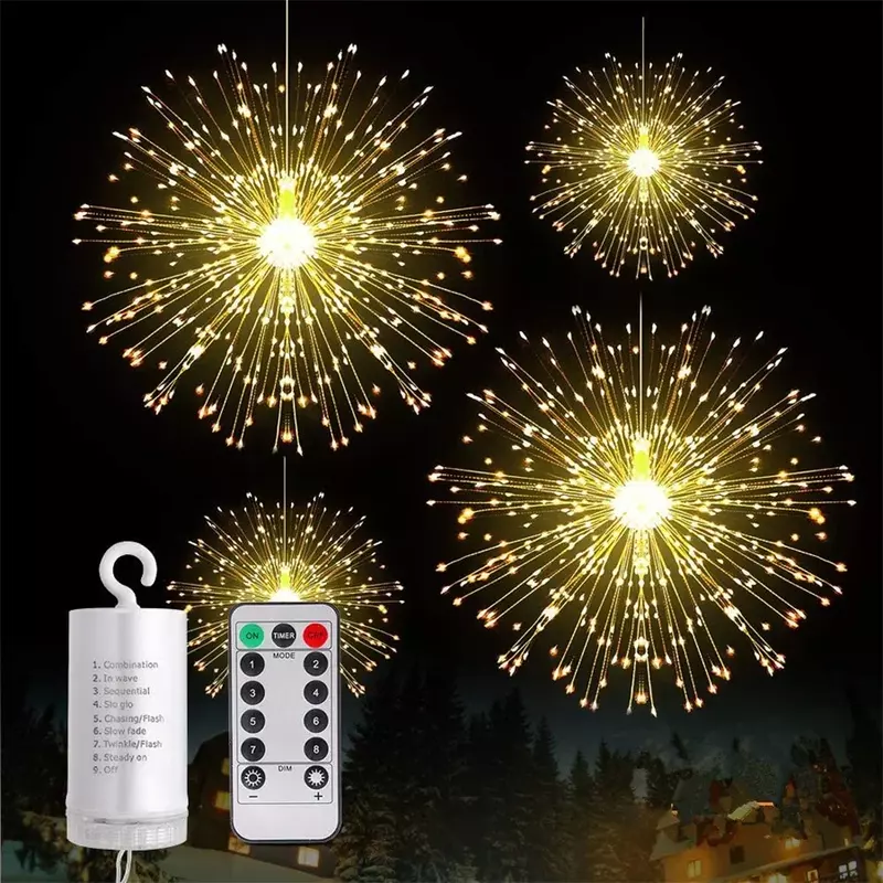 Thrisdar-Natal Firework Lights, 200 LED, Starburst String Lights, pilhas, suspensão remota, Fairy Luz, Decoração ao ar livre