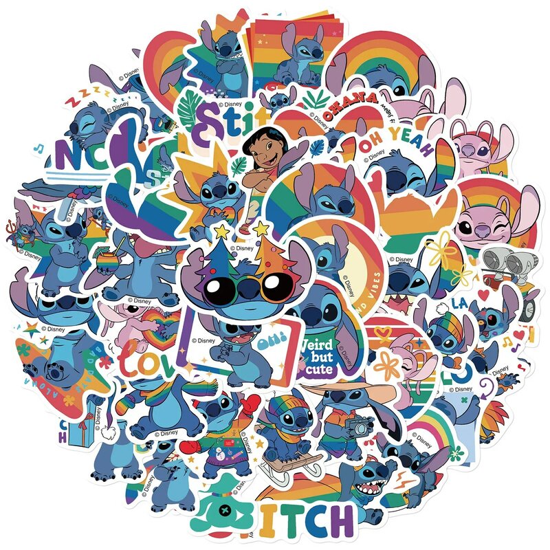 Disney Rainbow Stitch Adesivo Dos Desenhos Animados, Decoração Fofa, Computador portátil, Mala, Graffiti, Skate, Frigorífico, Scrapbook, Brinquedo, 50Pcs
