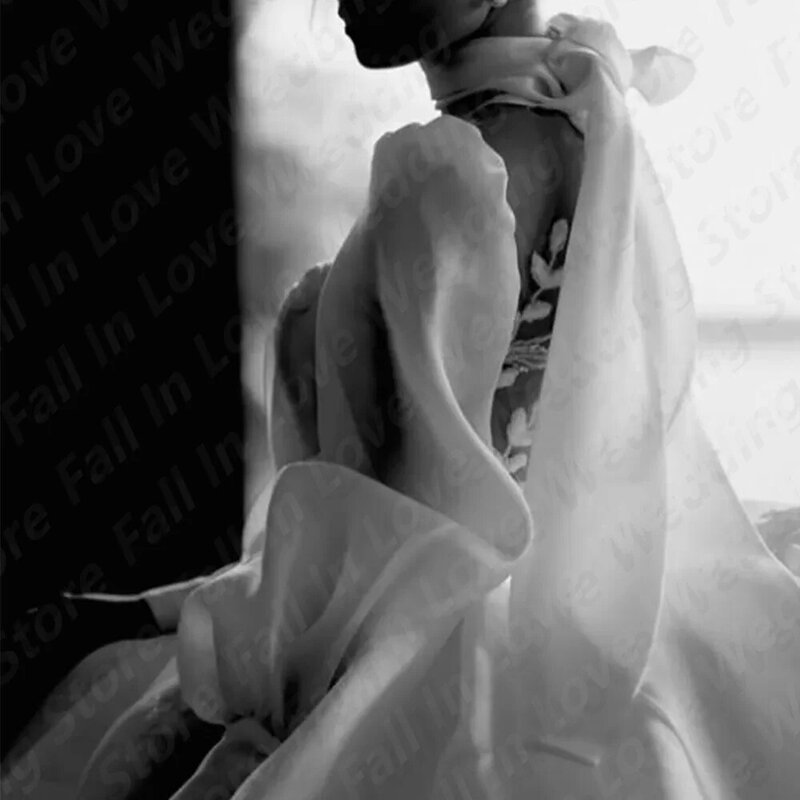 Lindo vestido de cetim branco, A-Line, Sexy V-Neck, Long Puffy mangas, vestidos de noiva, Sweethear, 2024