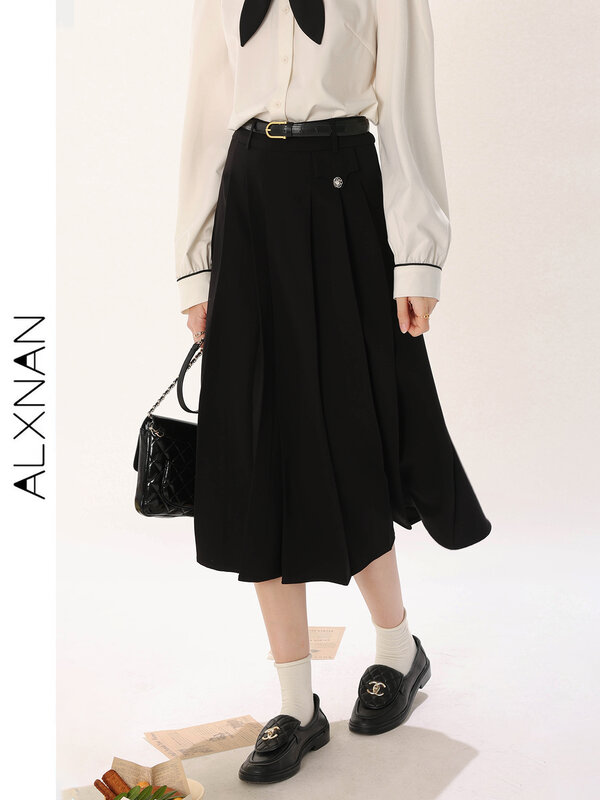 Modna spódnice Midi ALXNAN z wysokim stanem dla kobiet 2024 letnia casualowa długa, jednolita damskie spódnice biurowe plisowana szczupła tm227