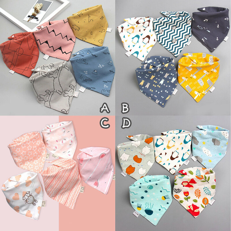 Baberos de algodón con dibujos animados para bebé, bufanda triangular de 5 piezas, babero absorbente con broches, toalla impermeable
