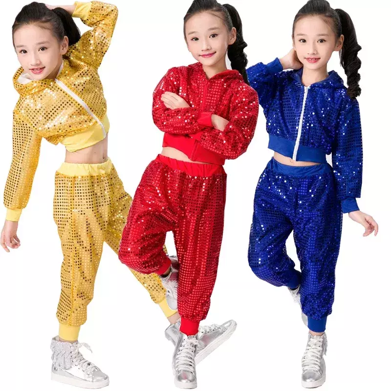 Kinder Pailletten Jazz Tanz moderne Cheerleading Hip Hop Kostüm für Kinder Jungen Mädchen Ernte Top und Hose Performance Outfits Kleidung