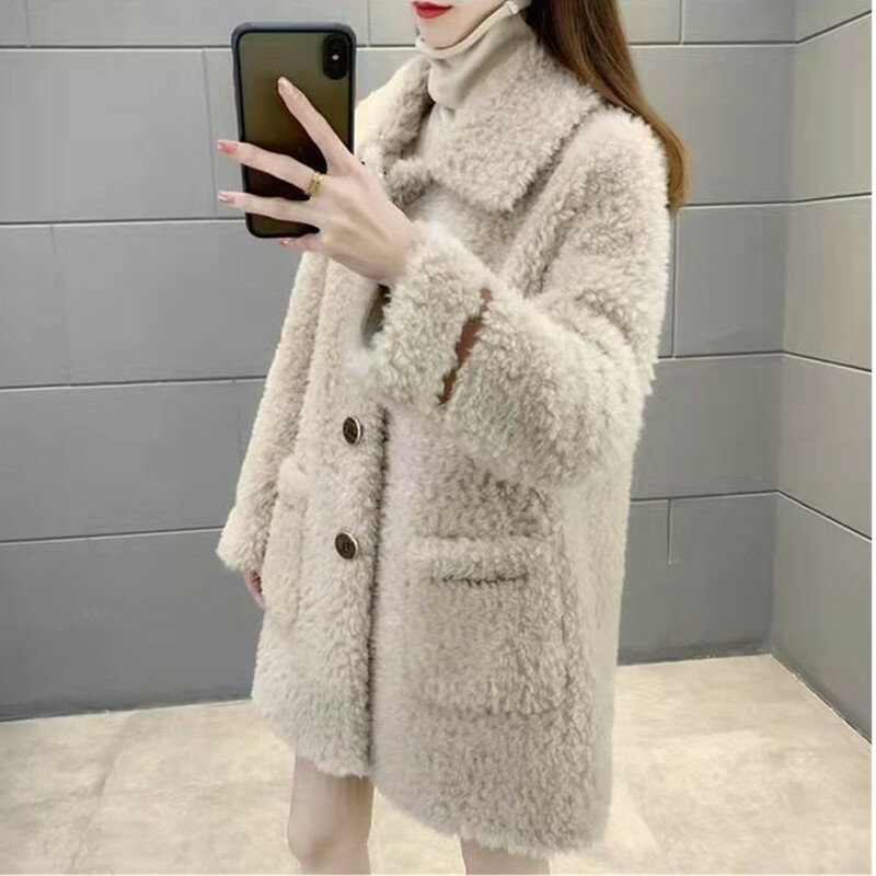 Casaco de pele de ovelha de luxo feminino, jaqueta granular de lã alta, casaco feminino de comprimento médio, outono e inverno, 2438, 2023