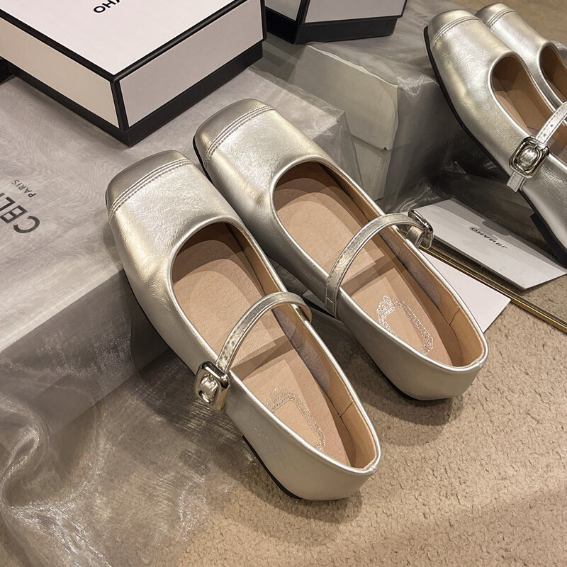 Zapatos planos Mary Jane con punta cuadrada para mujer, zapatillas de Ballet informales suaves con talón descubierto, color negro, novedad de verano, 2024