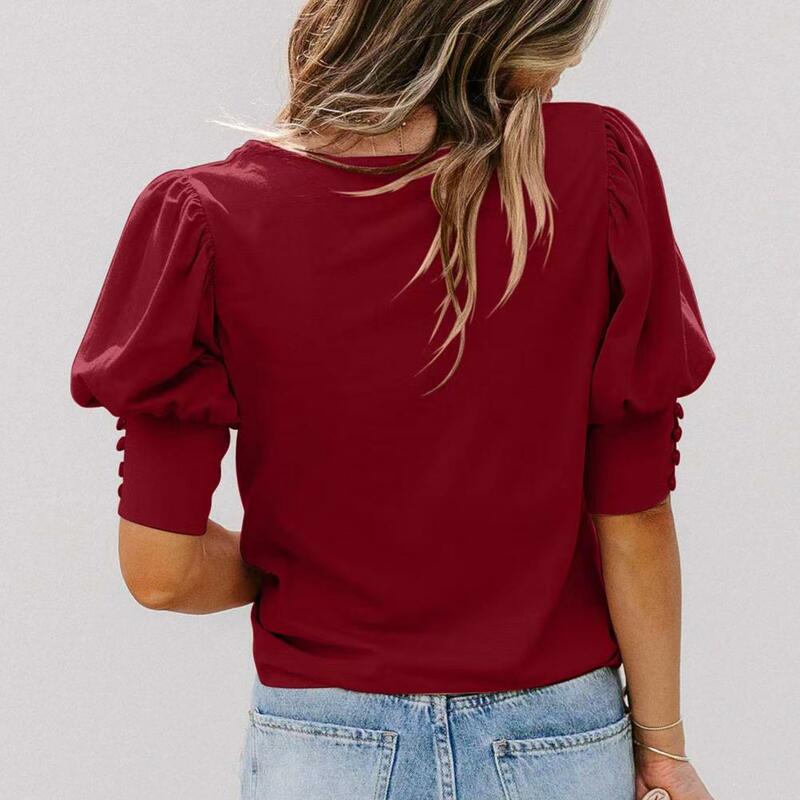 Women Fall T-shirt Lady Fall Blouse Stylish Women's Summer Top Breathable Lantern Sleeves Ol Style Solid Color Commute Blouse