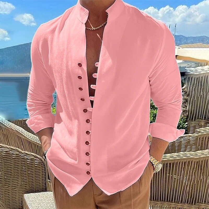 Camisa de manga larga para hombre, camisa 100% de lino y algodón puro, de color sólido, con cuello levantado, estilo informal, a la moda, gran oferta, S-3XXL