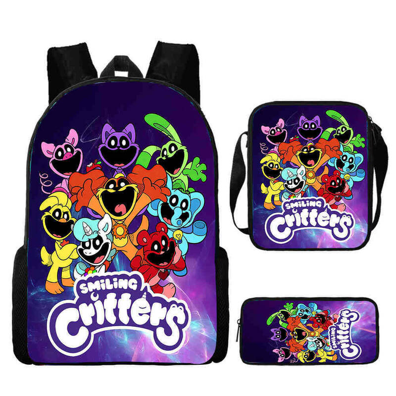 3 pezzi Set sorridente 3D Critters zaino da scuola con borsa a matita borse a tracolla grande capacità Cartoon Amine Game zaino per bambini