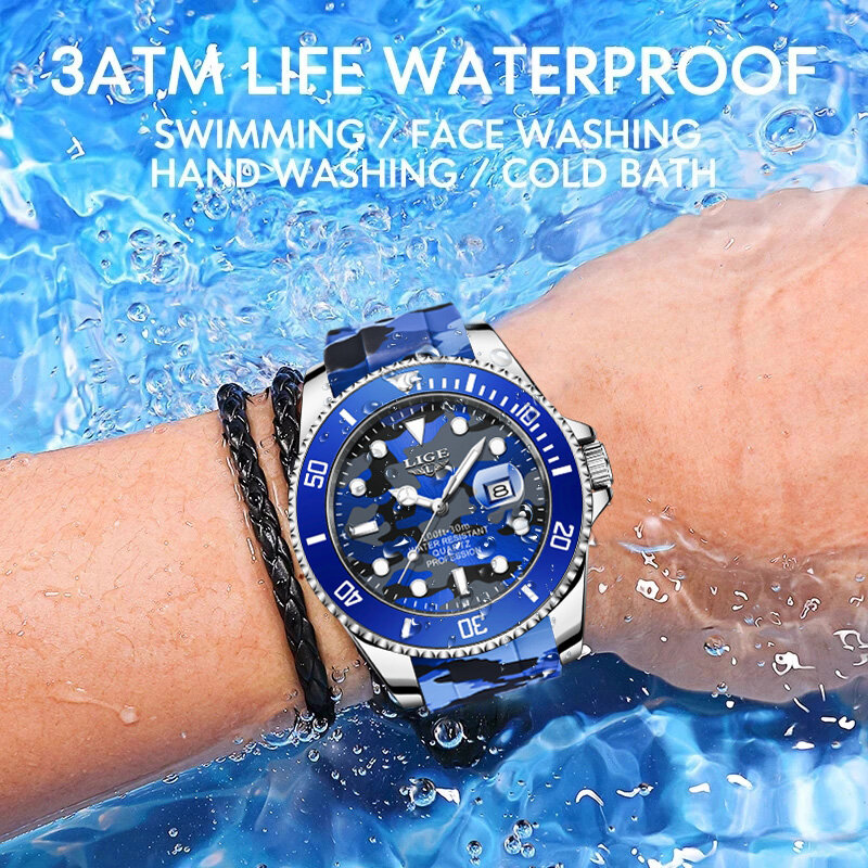 LIGE-Reloj analógico con correa de silicona para Hombre, accesorio de pulsera de cuarzo resistente al agua con diseño militar, complemento masculino de marca de lujo con diseño de camuflaje, nuevo