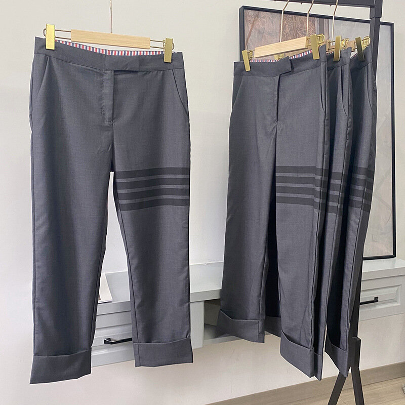 Женские брюки TB, модные корейские прямые брюки с высокой талией, укороченные брюки в полоску, зеленые, маленькие