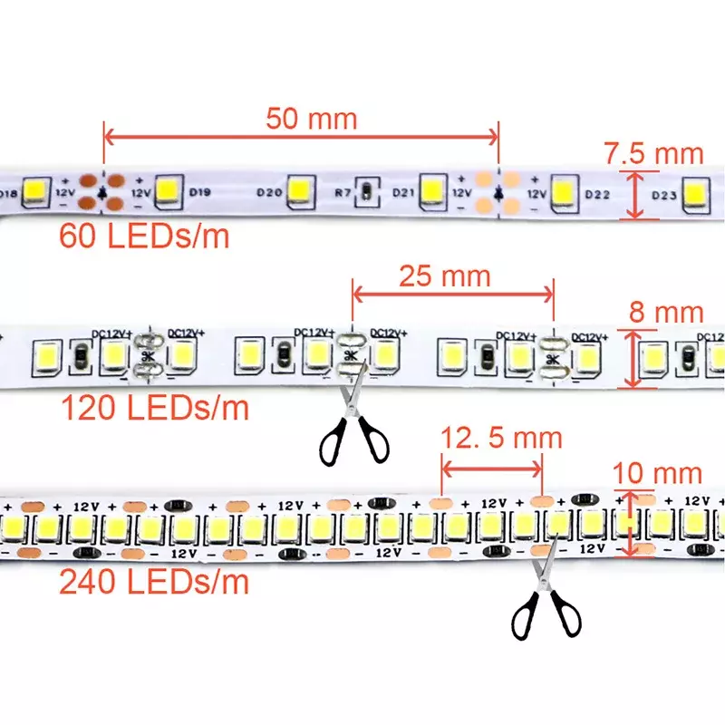 Tira de luces LED de 12V y 24V para el hogar, barra Flexible de lámpara suave impermeable, 2835 LEDs/m, color rosa, rojo, azul hielo, verde, dorado, amarillo y naranja