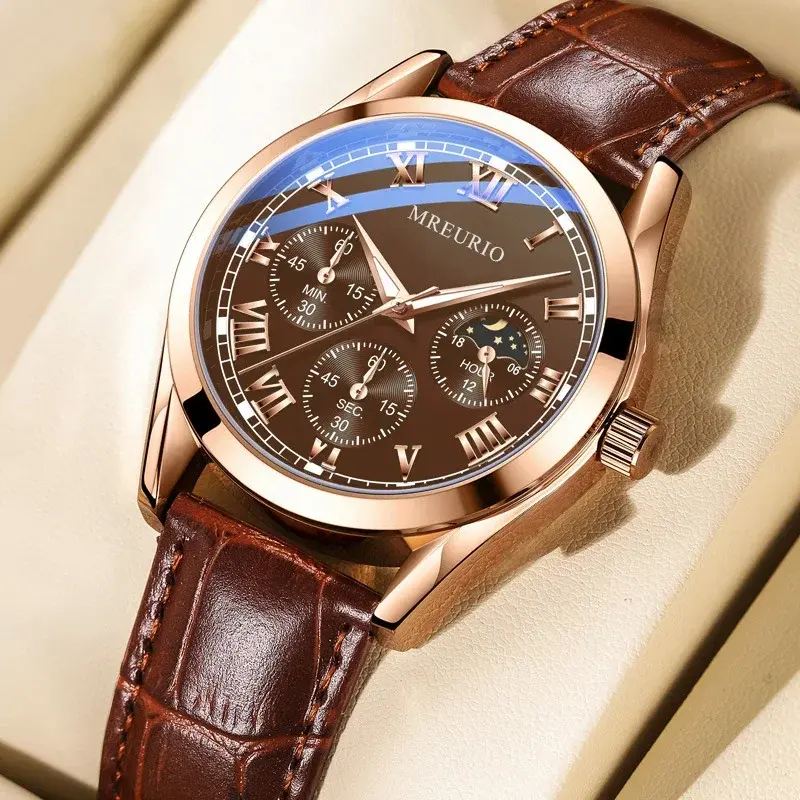 Jam tangan merek mewah jam tangan Quartz pria jam tangan bisnis modis tiga mata palsu tali kulit jam tangan Quartz wanita