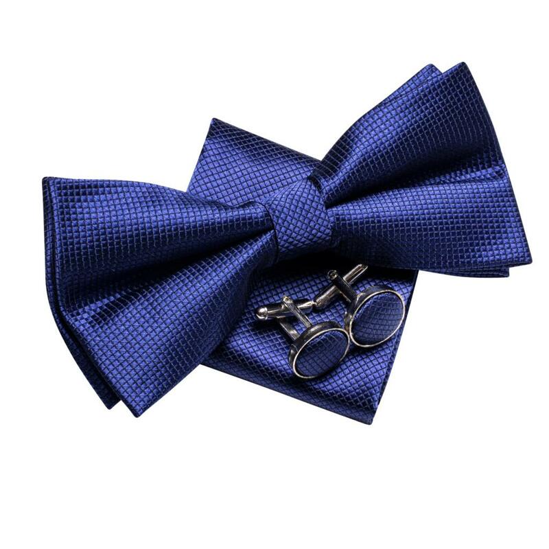 Laço de seda azul marinho masculino, lenço, conjunto de abotoaduras, pré-amarrado, gravata borboleta para macho, casamento, negócios, oi-tie
