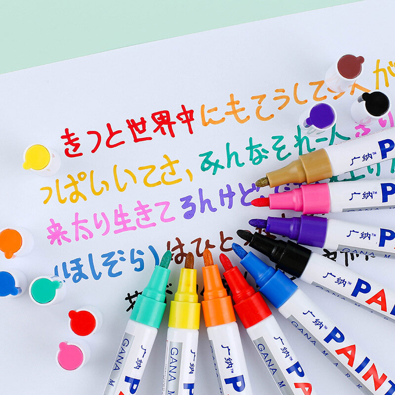 Marqueurs de peinture en continu colorés, imperméables, blancs, bande de roulement en caoutchouc, tissu, métal, stylos marqueurs de peinture, 12 couleurs, 6 pièces