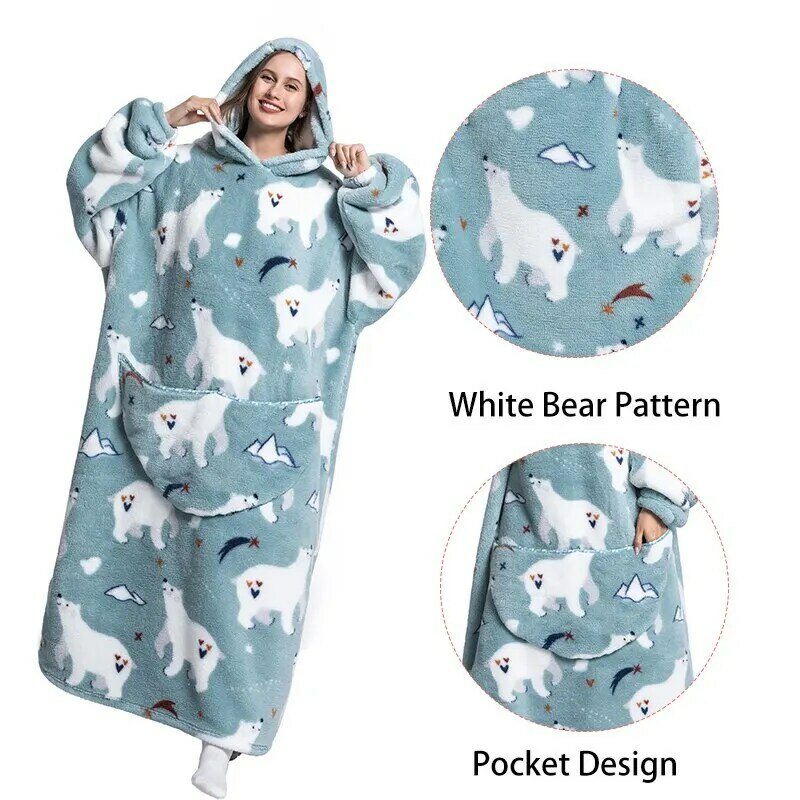 Selimut pakaian rumah ukuran besar Super panjang Hoodie untuk dewasa selimut dapat dipakai pakaian musim dingin bulu alpukat Sweatshirt wanita