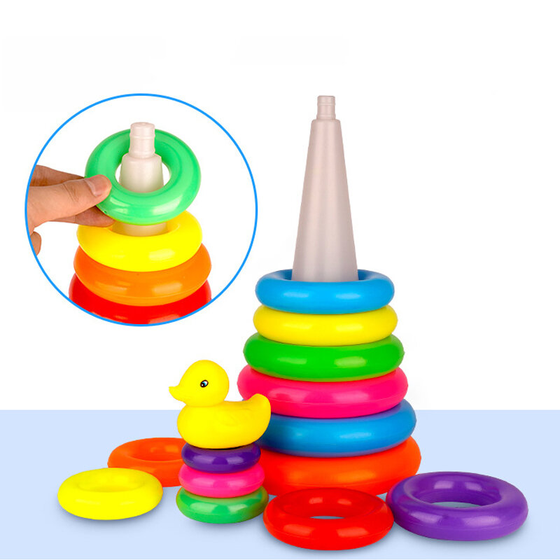 어린 노란 오리 레인보우 타워 스태킹 서클 아기, 유아 교육 퍼즐 링, 몬테소리 장난감