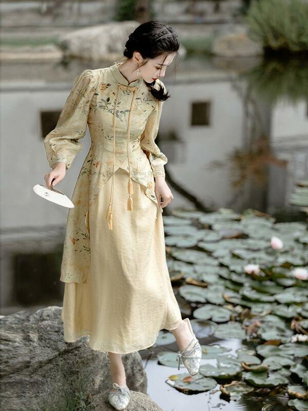 チャイナドレスの新しい中国風スタイルの再版春夏エレガントなツーピースプリントqiapaoドレス