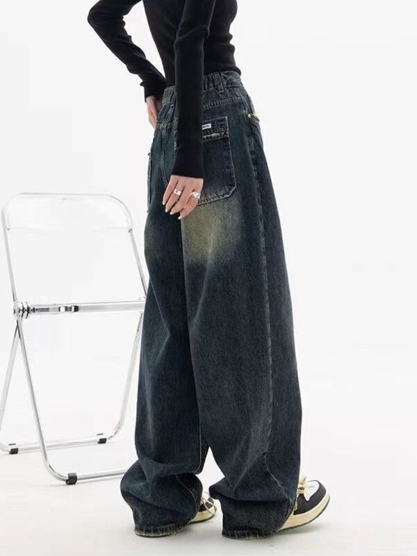 Jeans Kaki Lebar Wanita Elegan Kasual Gaya Fashion Korea Pinggang Tinggi Harian Retro Dicuci Antik Streeetwear Chic Semua Cocok Dasar