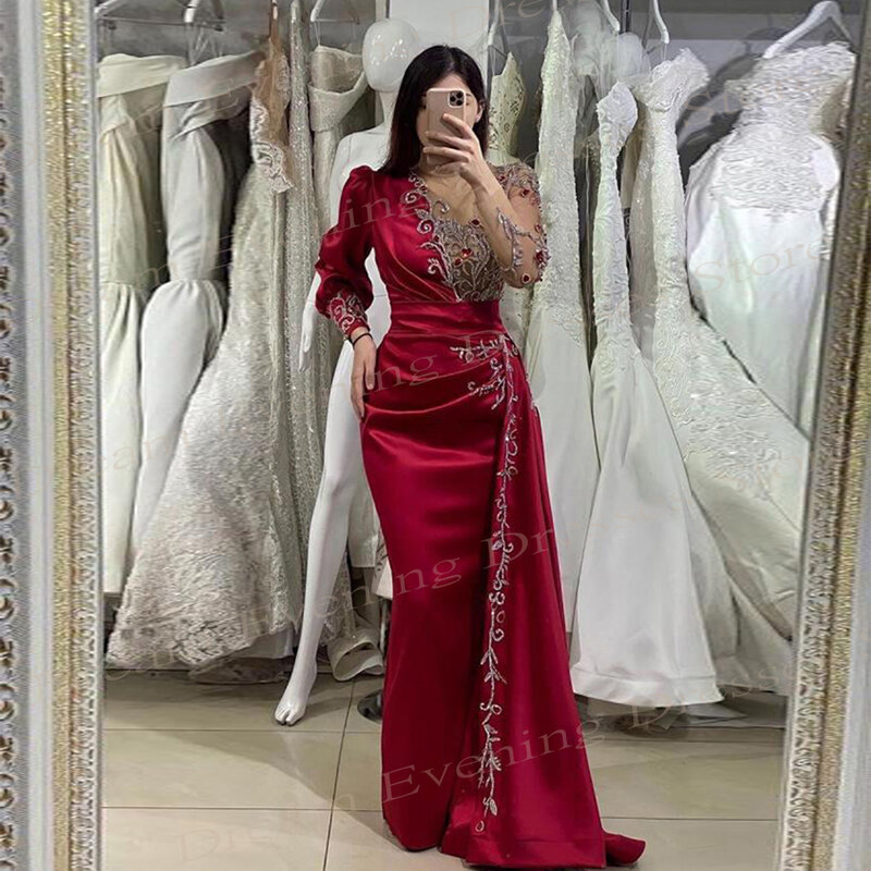 2024 piękne czerwone damskie suknie wieczorowe o kroju syreny klasyczne aplikacje z długim rękawem suknie na bal maturalny plisowane Vestido De Festa