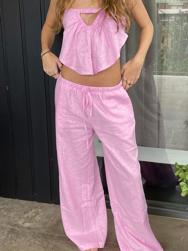 Marthaqiqi Summer Ladies Nightgowns Suit Tank Tops Sleepwear Backless Pajamas Crop Top Nightie Pants Casual Female Sleepwear Set