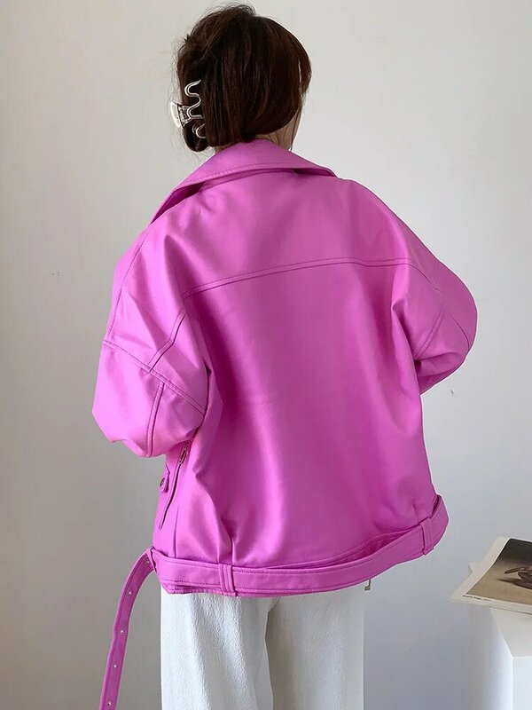UCXQ 오렌지 지퍼 루즈 PU 가죽 재킷, 스트리트 의류 라펠 긴팔 여성 코트, 패션 타이드 가을 겨울 2023 SM4037