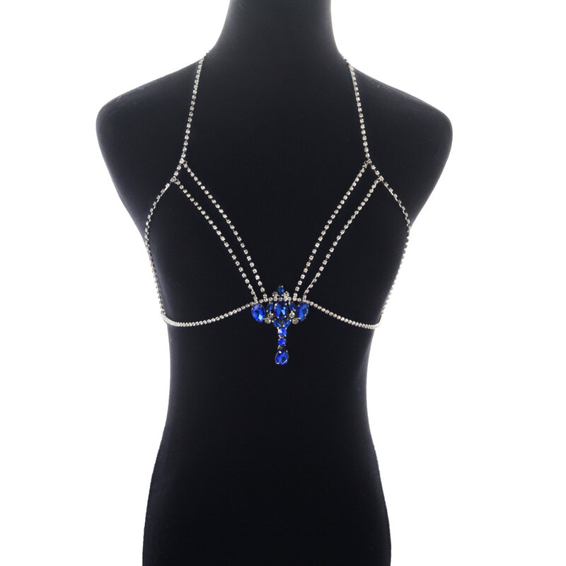 Popular sparkling rhinestone halterneck, sexy sapphire crystal, bikini beach body chain