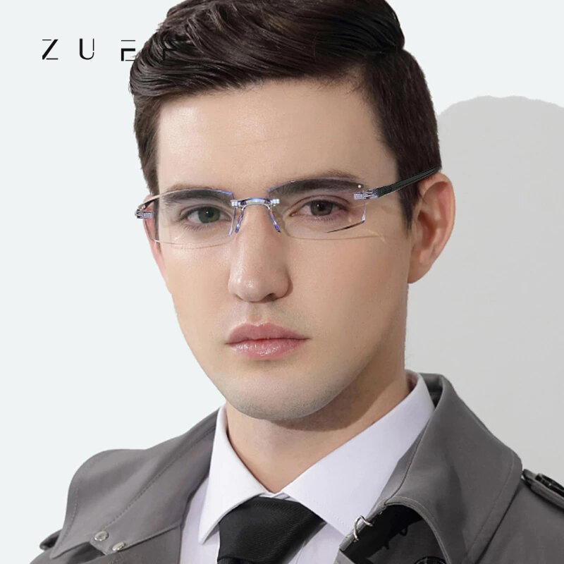 ZUEE Reading Glasses Men Anti Blue Rays Presbyopia Glasses Women Vintage Rimless Eyeglasses Diopter 1.0 1.5 2.0 2.5 3.0 3.5 4.0
