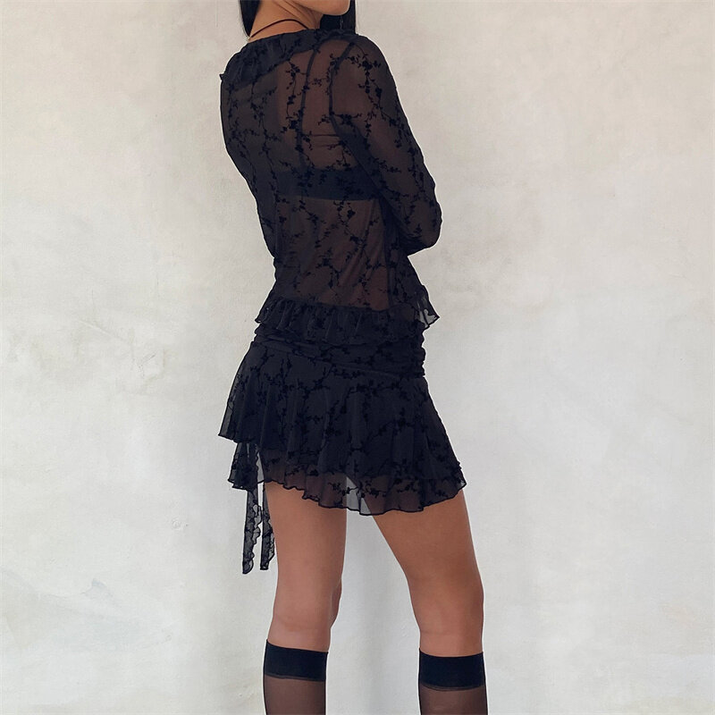 2 Piece Skirt Outfits Women Sexy Clothes Black Long Sleeve V Neck Lace Floral Tops Mini Ruffle Skirt y2k Clothing Set Clubwear
