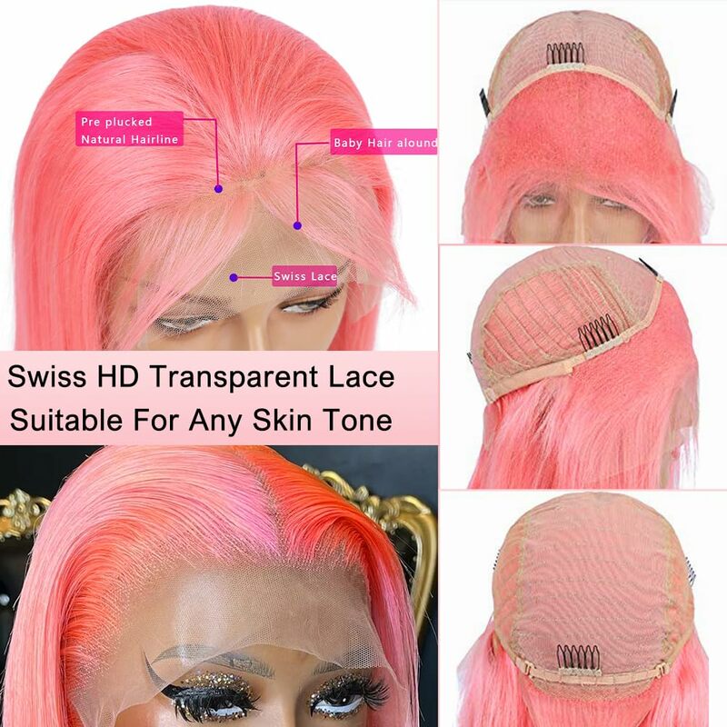 Peluca de cabello humano liso con encaje frontal para mujeres negras, pelo corto Bob rosa con densidad de 180, 13x4
