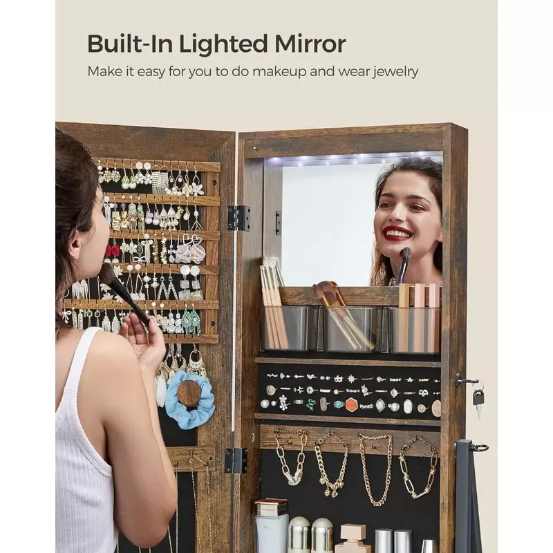 Armadio a LED in piedi, armadio portagioie con serratura con specchio a figura intera, organizzatore di gioielli salvaspazio con specchio, marrone rustico