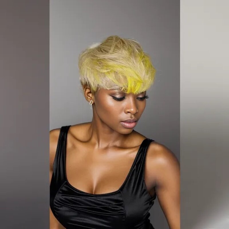 Ombre Bronw Wig rambut palsu potongan pendek lurus Pixie sorot sintetis pirang emas madu kuning dengan poni untuk wanita warna hitam