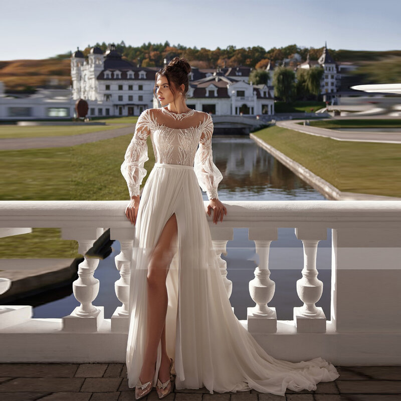2024 Sexy High Fork Women Wedding Dresses A-Line Ivory Lace Long Sleeves Vintage Bride Ball Bridal Gown Satin Vestidos De Novia