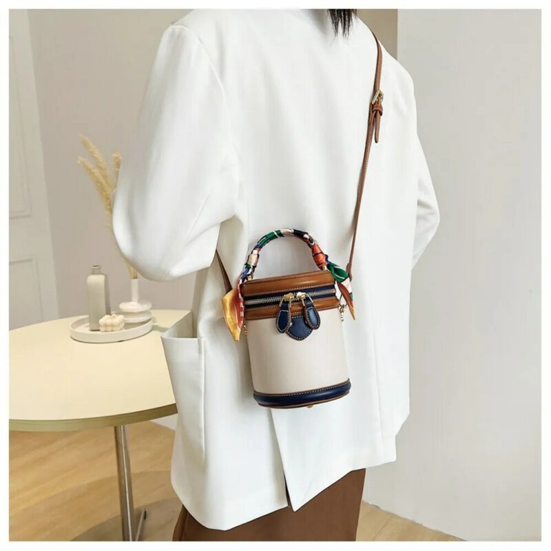 Cylinder Bucket Bag Fashion Portable Large Capacity Shoulder Bag PU Leather Crossbody Bag for Travel Shopping