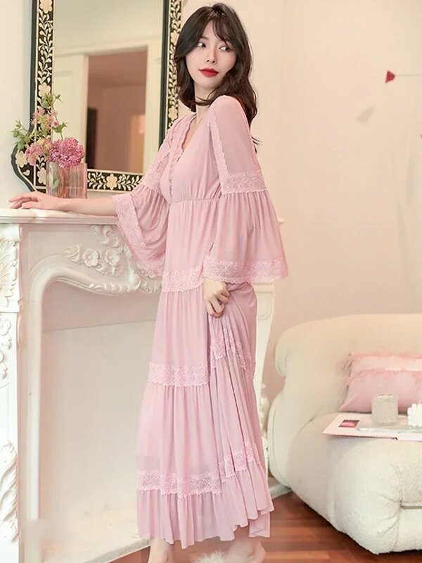 Women Modal V-Neck Fairy Victorian Nightgowns with Pad Pajamas Spring Long Sleeve Mesh Sweet Princess Sleepwear Sexy Homewear