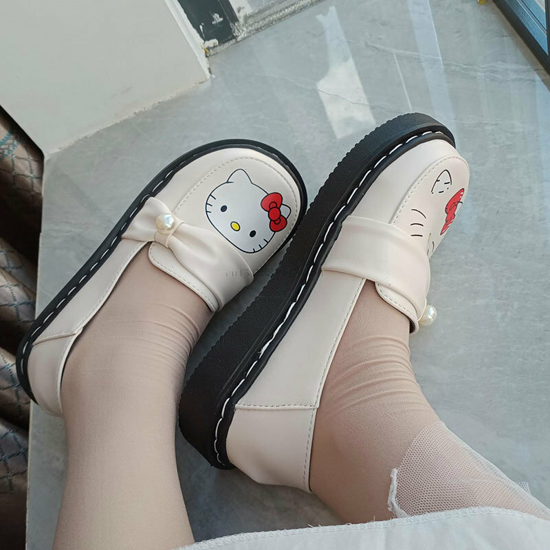 Sanrio-헬로 키티 카와이 가죽 신발, 여성 로리타 소녀 JK 유니폼, 플랫 바텀 가을 2022 신상품 다목적 싱글 슈즈, Y2k