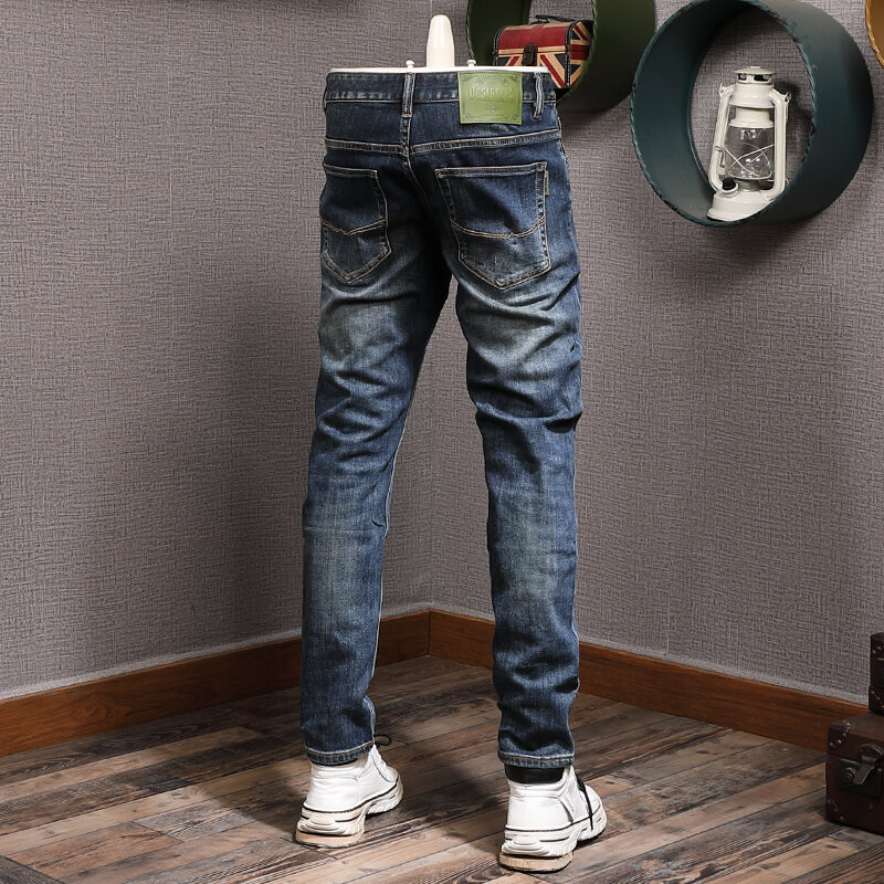Novo designer de moda masculina jeans de alta qualidade retro azul elástico fino ajuste rasgado calças jeans dos homens do vintage calças jeans hombre