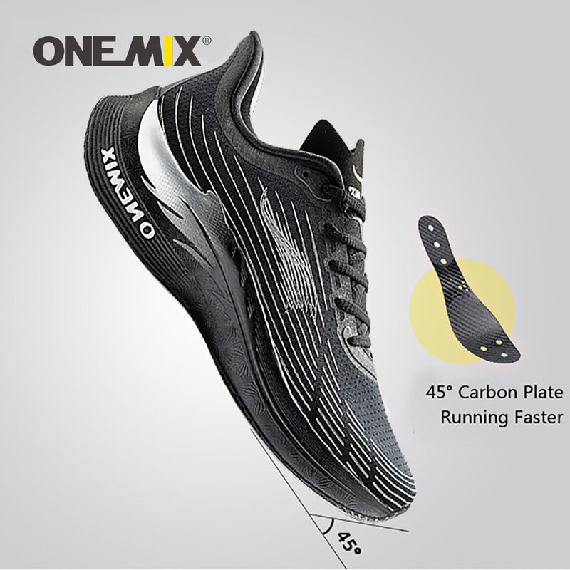 Onemix homem maratona de carbono correndo preto respirável malha tênis de luxo marca resistente ao desgaste ao ar livre sapatos de caminhada esporte placa