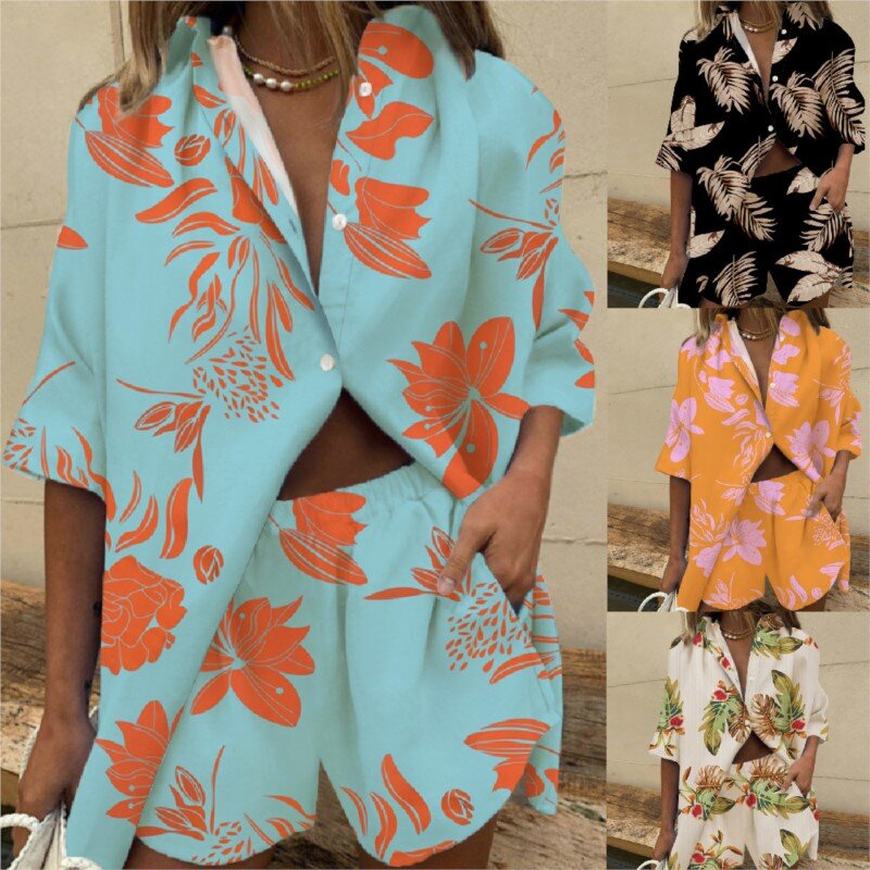 Женский пляжный костюм из двух предметов, элегантная однобортная рубашка с отложным воротником и принтом листьев, свободные шорты, летний комплект одежды