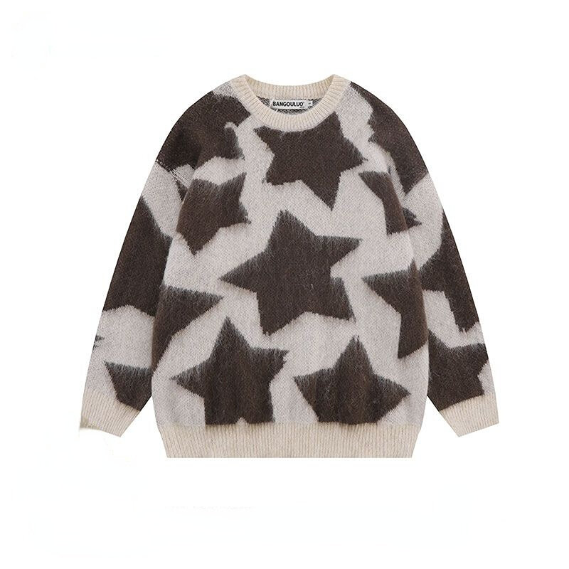 Contrasting Color Oversized Sweater Star Pattern Harajuku Lazy Wind Knit Sweater Women All Match Round Neck Pullover свитер