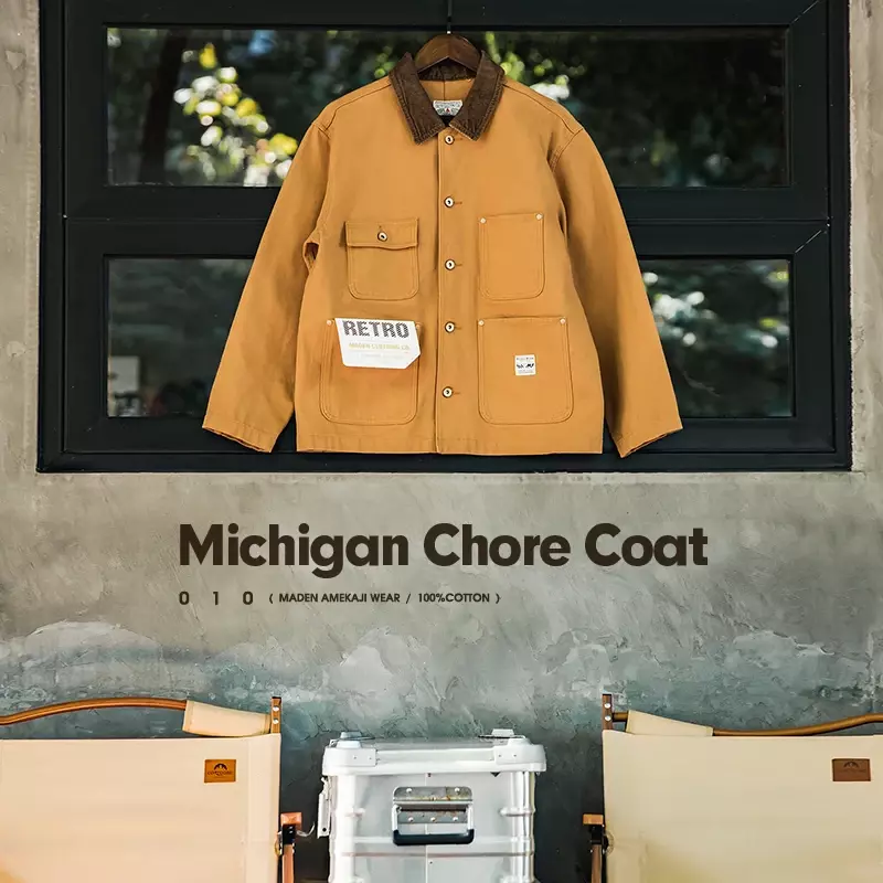 Maden Vintage mantel kelas berat Michigan Chore multi-saku kerah jaket kanvas berburu pria 2023 musim gugur Amekaji longgar pakaian luar