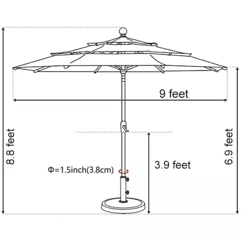 대형 파라솔 퇴색 방지 선우산, 시장 우산, 파티오 우산, 야외 테이블 우산, 환기, 10 년, 9Ft, 3 단